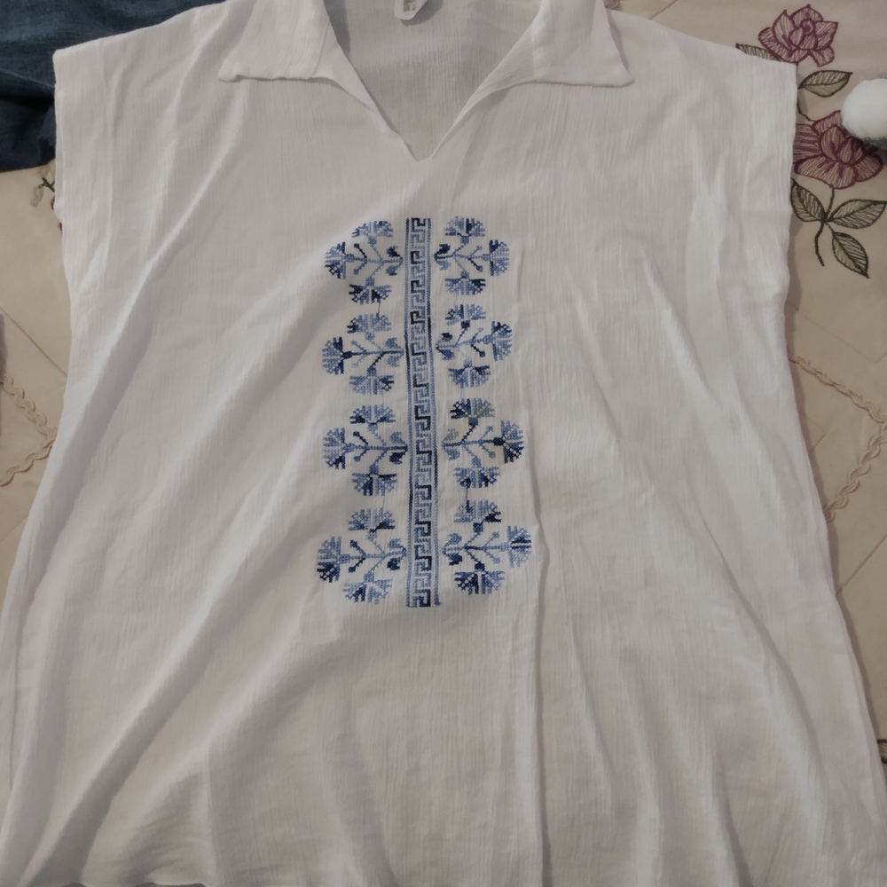 Embroidered White Top with Blue Accents
